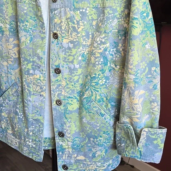 Tanjay Green and Blue Floral Tropical Graphic Print Denim Jacket - Picture 5 of 11